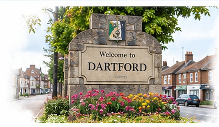 Welcome to Dartford sign with a flower bed